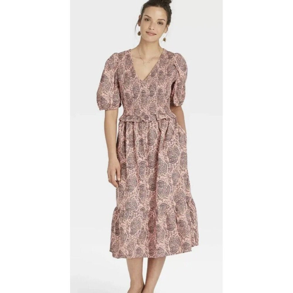 Universal Thread Pink Smocked Paisley Cottagecore BOHO Midi Dress Small NEW